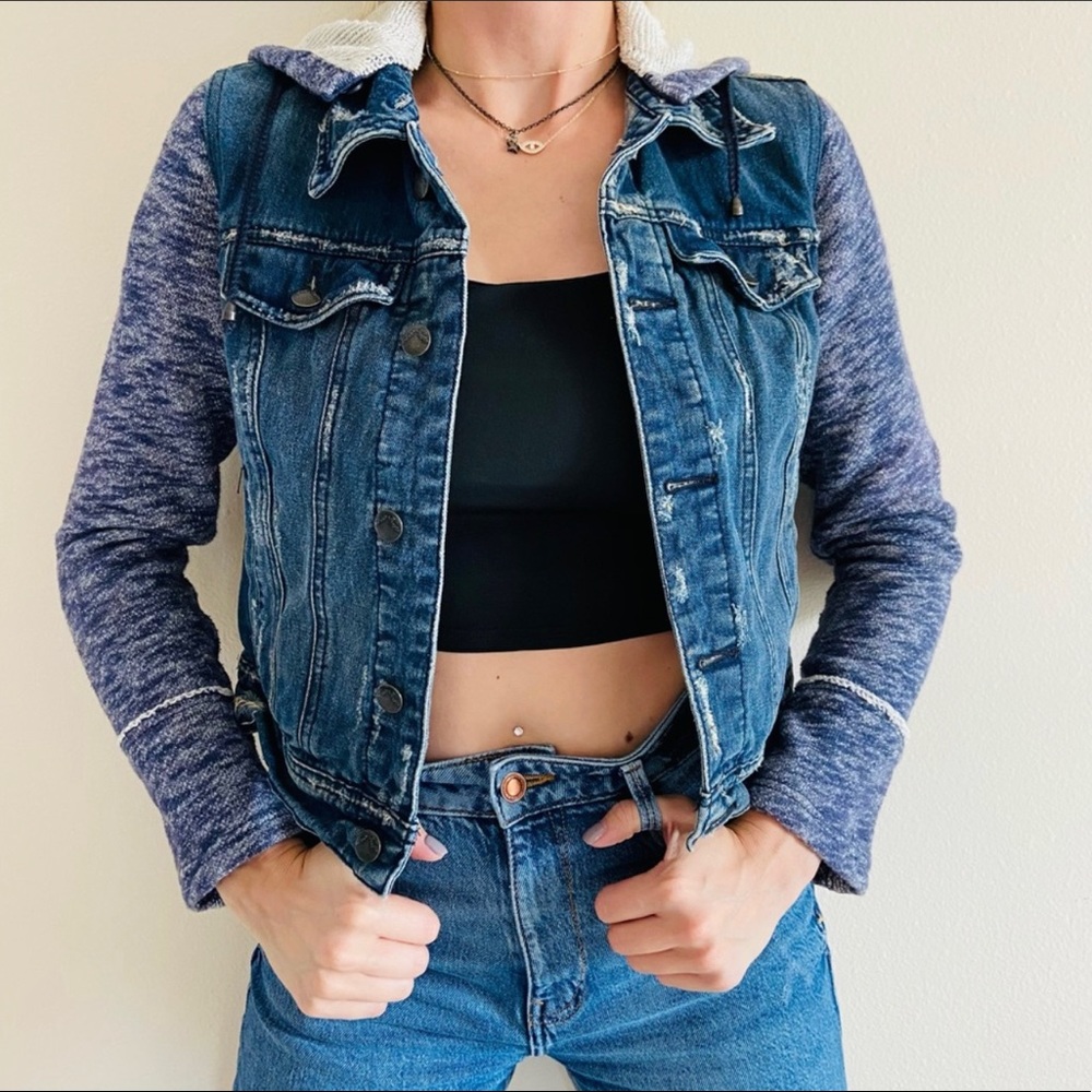 Free People Denim and Knit Distressed Hoodie Trucker Jacket M